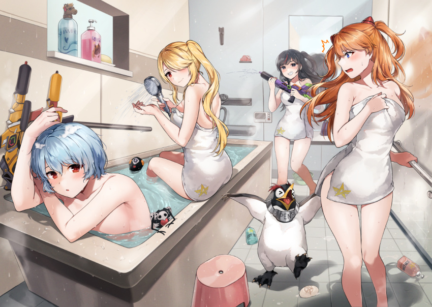 aliasing animal ayanami_rei bath bathtub black_eyes black_hair blonde_hair blue_eyes blue_hair blush breast_hold crossover gijang group gun knives_out mirror neon_genesis_evangelion nude orange_hair penguin ponytail red_eyes reflection short_hair soryu_asuka_langley towel twintails water weapon wet