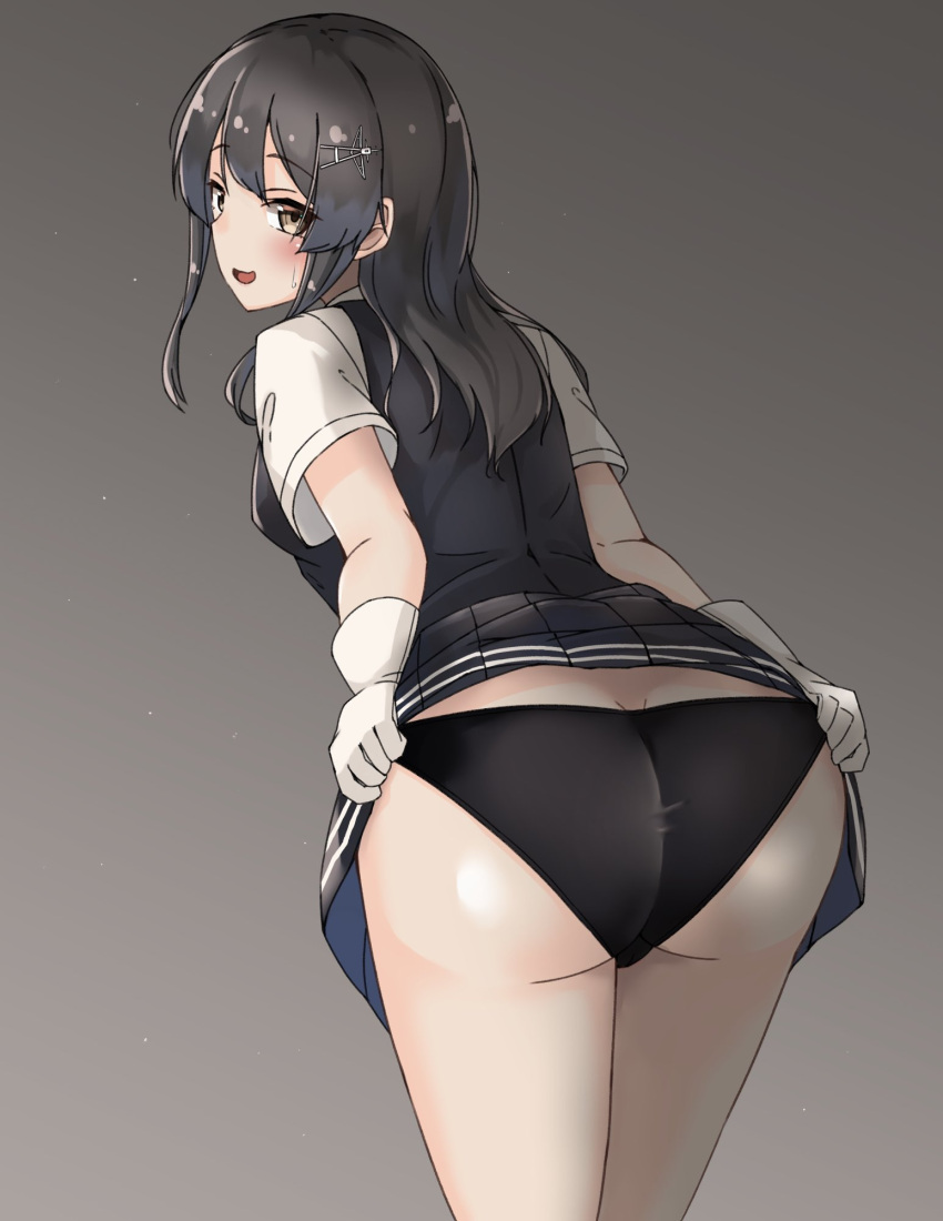 1girl ass black_hair black_panties black_skirt black_vest brown_eyes clothes_lift commentary_request cowboy_shot dress_shirt from_behind gloves gradient gradient_background grey_background hair_ornament hairclip highres kantai_collection leaning_forward looking_at_viewer looking_back open_mouth oyashio_(kancolle) panties pleated_skirt school_uniform shirt short_sleeves skirt skirt_lift solo underwear vest wasumi_kei white_gloves white_shirt