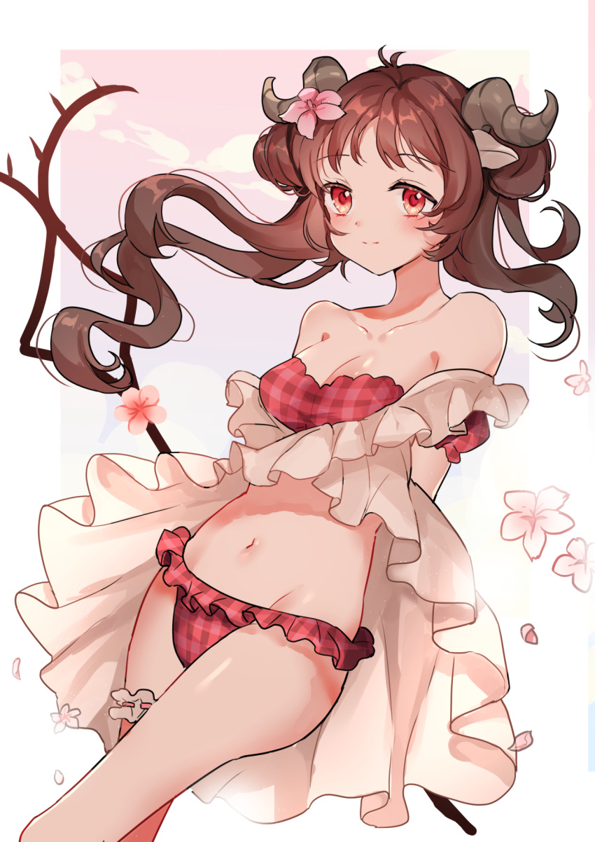 1girl animal_ears arknights bare_shoulders bikini blush breasts brown_hair cleavage closed_mouth collarbone commentary_request eyjafjalla_(arknights) eyjafjalla_(summer_flowers)_(arknights) flower frilled_bikini frills goat_ears goat_horns gradient gradient_background hair_flower hair_ornament highres horns hoshi_lingdang long_hair looking_at_viewer medium_breasts navel off-shoulder_bikini off_shoulder official_alternate_costume pink_flower plaid plaid_bikini red_bikini red_eyes smile solo staff standing stomach swimsuit