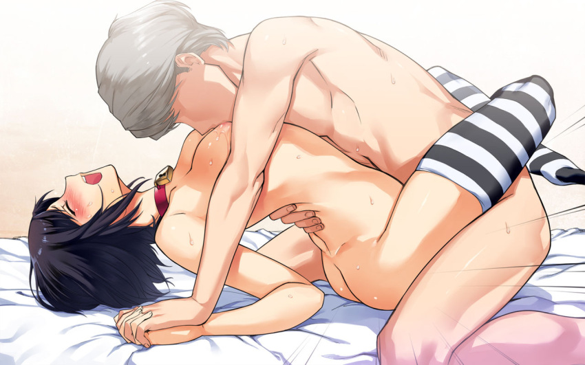 1boy 1girl arched_back ass bed bed_sheet black_hair blue_eyes blush boy_on_top breast_sucking breasts choker cleavage closed_eyes feet_up grey_hair hand_on_another's_back hands_clasped hetero holding_hands hug interlocked_fingers leg_lock lock long_legs lying marie_(persona_4) medium_breasts moaning motion_lines narukami_yuu nude on_back orgasm own_hands_together persona persona_4 persona_4_the_golden saliva sex short_hair sitting source_request striped striped_legwear sweat thighhighs thighs vaginal wariza