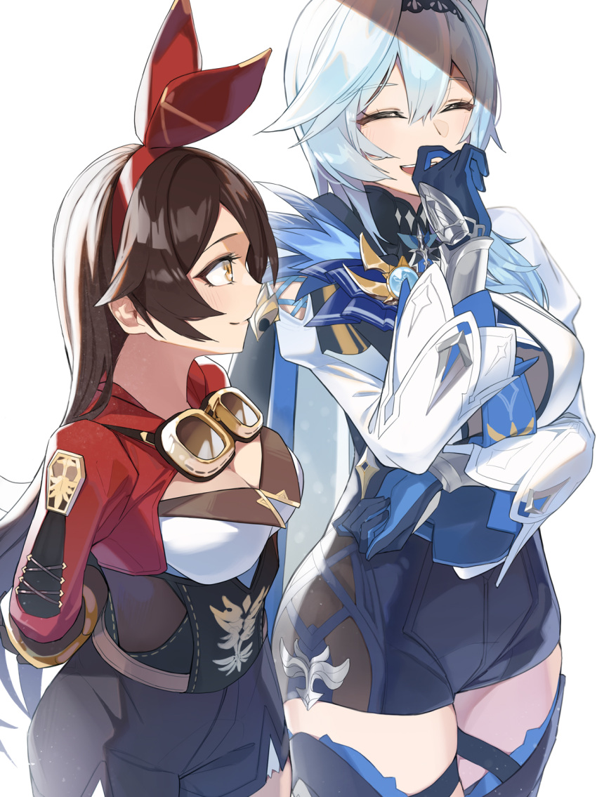 2girls amber_(genshin_impact) arms_behind_back bangs black_hairband black_leotard blue_gloves blue_hair blue_neckwear blush boots breasts brown_hair cape cleavage closed_eyes closed_mouth eula_(genshin_impact) eyebrows_visible_through_hair genshin_impact gloves goggles hair_between_eyes hair_ornament hair_ribbon hairband highres laughing lempika leotard long_hair long_sleeves looking_at_another medium_breasts medium_hair multiple_girls necktie open_mouth red_ribbon ribbon shorts simple_background smile solo thigh_boots thigh_strap thighhighs thighs vision_(genshin_impact) white_background yellow_eyes