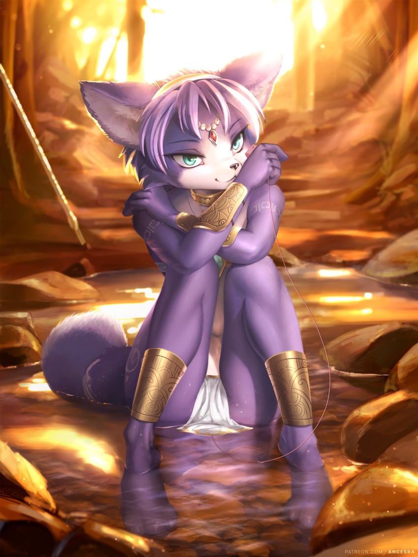 1girl :3 absurdres ancesra animal_ear_fluff animal_ears animal_nose aqua_eyes arm_tattoo artist_name bandeau bare_shoulders barefoot blue_fur body_fur choker circlet closed_mouth controller crossed_arms crystal forest fox_ears fox_girl fox_tail full_body furry gold hairband hand_on_own_shoulder hands_up happy highres holding holding_remote_control knees_together_feet_apart knees_up krystal leg_tattoo legs light_particles light_rays loincloth looking_at_viewer masturbation nature navel outdoors partially_submerged patreon_username paws polearm remote_control remote_control_vibrator rock ruby_(gemstone) sex_toy shin_guards short_hair sitting smile snout solo spear star_fox stream sunlight sunset tail tail_ornament tail_ring tattoo tree two-tone_fur vambraces vibrator vibrator_cord vibrator_under_clothes water watermark weapon web_address wet white_fur yellow_choker yellow_hairband