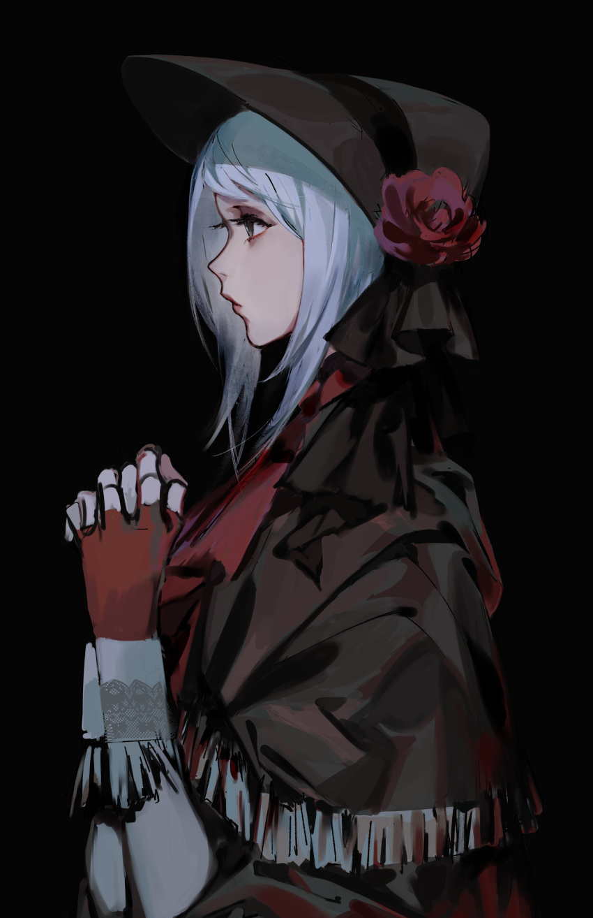 1girl absurdres bangs bloodborne bonnet cloak dress flower gloves hat highres kaneblob long_hair plain_doll rose short_hair silver_hair simple_background solo swept_bangs tricorne white_hair