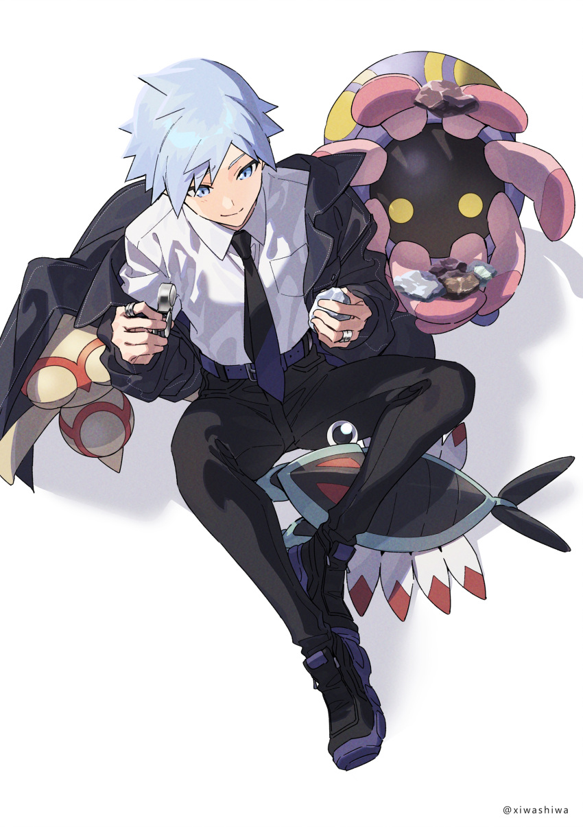 1boy absurdres anorith baltoy bangs belt black_coat black_pants blue_eyes breast_pocket closed_mouth coat collared_shirt commentary gen_3_pokemon grey_hair highres holding jewelry lileep male_focus necktie off_shoulder open_clothes open_coat pants pocket pokemon pokemon_(creature) pokemon_(game) pokemon_rse purple_belt ring rock shirt shoes short_hair sitting smile spiked_hair steven_stone twitter_username white_shirt xia_(ryugo)