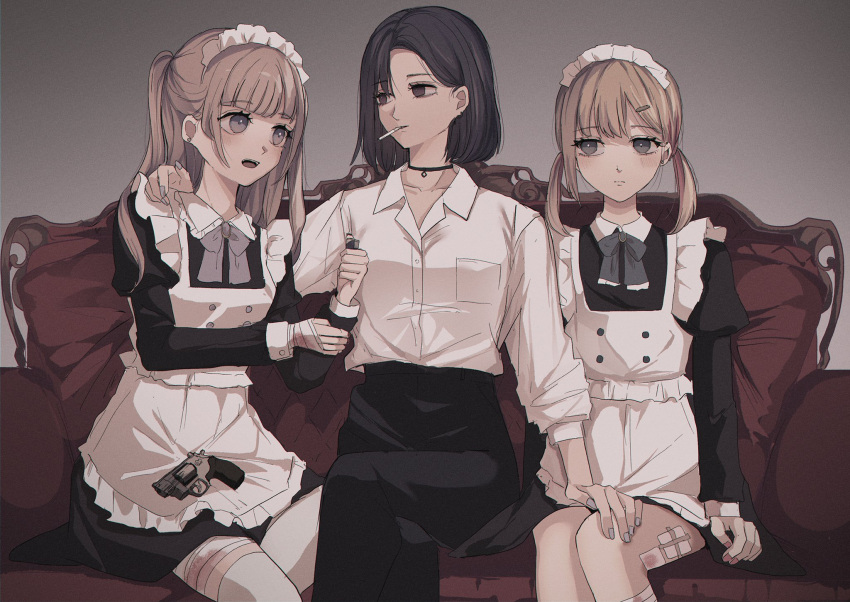 3girls :d apron bandaged_hands bandages black_dress black_hair black_pants blood bloody_bandages blush brown_hair cigarette closed_mouth collared_dress collared_shirt commentary_request couch crossed_legs dress dress_shirt eye_contact frilled_apron frills grey_background grey_nails gun hand_on_another's_shoulder highres juliet_sleeves lighter long_hair long_sleeves looking_at_another maid maid_apron maid_headdress mouth_hold multiple_girls nail_polish on_couch open_mouth original pants parted_lips puffy_sleeves revolver shirt sitting smile tsuruse twintails two_side_up weapon weapon_request white_apron white_shirt