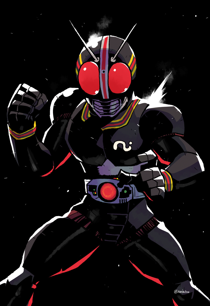 1boy absurdres antennae armor aura black_bodysuit bodysuit clenched_hand glowing glowing_eyes henshin_pose highres kamen_rider kamen_rider_black kamen_rider_black_(series) kingstone looking_at_viewer male_focus pose rariatto_(ganguri) red_eyes rider_belt solo steam