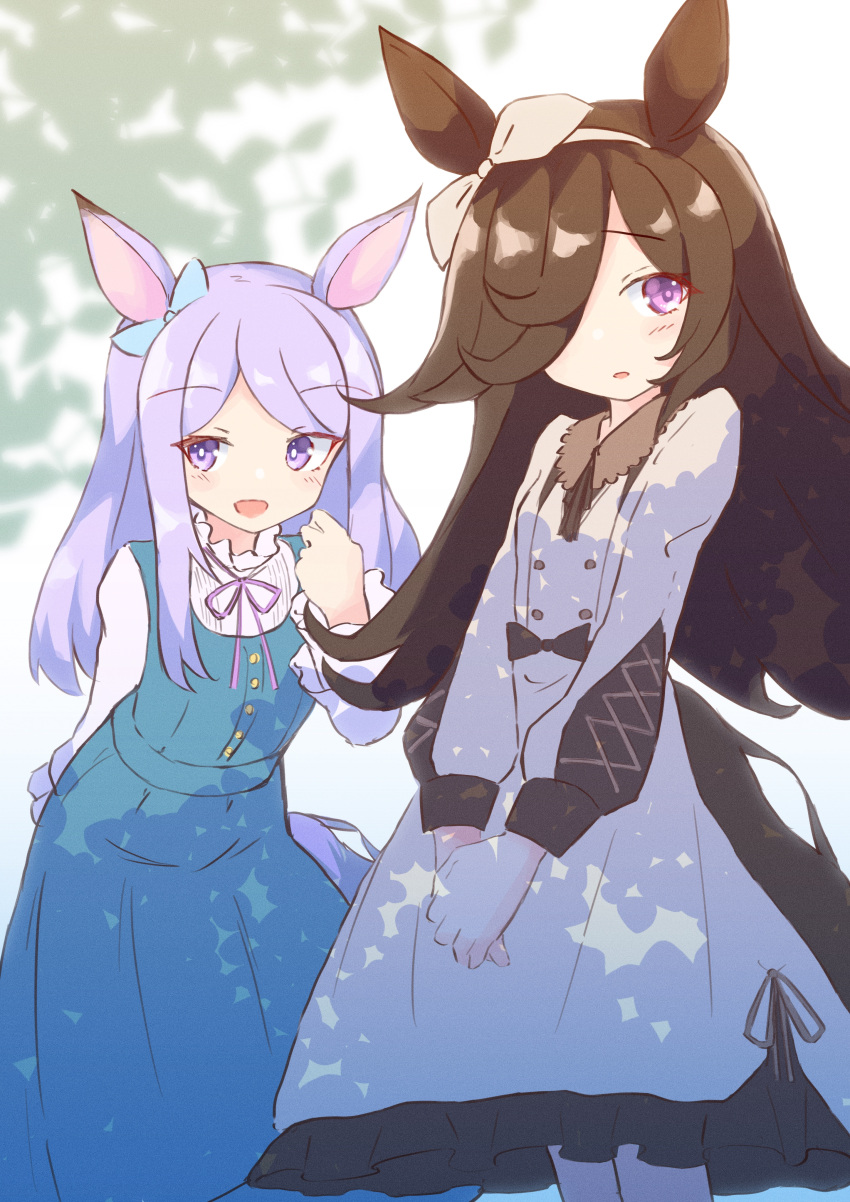 2girls :d absurdres animal_ears bangs blue_dress blue_ribbon blush brown_hair brown_hairband brown_ribbon commentary_request dress ear_ribbon eyebrows_visible_through_hair frilled_dress frills hair_over_one_eye hair_ribbon hairband hands_together highres horse_ears horse_girl horse_tail ichi leaning_forward long_sleeves mejiro_mcqueen_(umamusume) multiple_girls open_mouth own_hands_together parted_bangs parted_lips puffy_long_sleeves puffy_sleeves purple_eyes purple_hair ribbon rice_shower_(umamusume) shirt sleeveless sleeveless_dress smile tail umamusume white_dress white_shirt