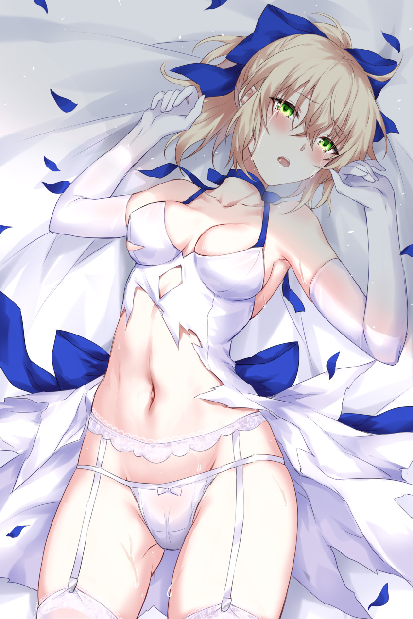 1girl absurdres ahoge armpits artoria_pendragon_(all) bangs bare_shoulders bed_sheet blonde_hair blue_bow blue_choker blush bow breasts chinese_commentary choker cleavage collarbone commentary commission cowboy_shot crying crying_with_eyes_open devil_heavens dress elbow_gloves eyebrows_visible_through_hair fate/stay_night fate/unlimited_blade_works fate_(series) garter_belt gloves green_eyes groin hair_between_eyes hair_bow hands_up highres looking_at_viewer lying medium_breasts navel official_alternate_costume on_back open_mouth panties pixiv_request ponytail saber short_dress sidelocks skindentation sleeveless sleeveless_dress solo stomach sweat tears thighhighs torn_clothes torn_dress underwear upper_teeth white_dress white_gloves white_legwear white_panties
