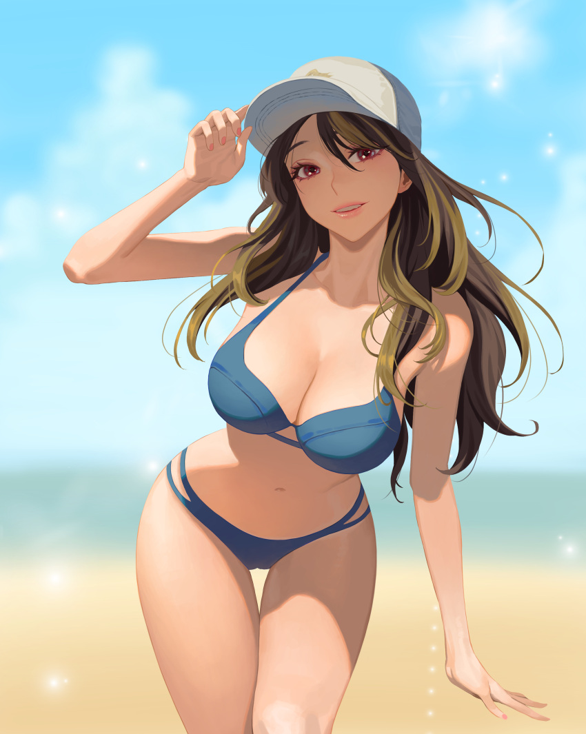 1girl absurdres bangs bare_arms bare_shoulders baseball_cap beach bikini blonde_hair blue_bikini blue_sky blurry blurry_background breasts brown_hair character_request cleavage collarbone commission day depth_of_field feet_out_of_frame final_fantasy final_fantasy_xiv hand_on_headwear hat highres hongcasso leaning_forward long_hair looking_at_viewer multicolored_hair navel outdoors parted_lips pink_lips red_eyes sky smile solo standing streaked_hair sun sunlight swept_bangs swimsuit thigh_gap white_headwear