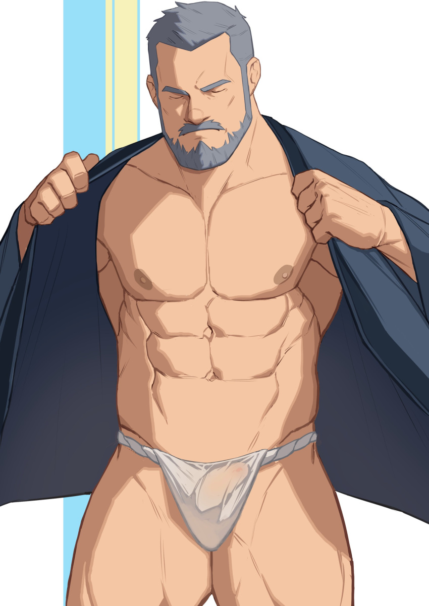 1boy abs absurdres bara bare_pectorals beard bulge cowboy_shot erection erection_under_clothes facial_hair fundoshi grey_hair highres japanese_clothes kimono large_pectorals male_focus mature_male muscular muscular_male navel nipples no_pants open_clothes open_kimono original pectorals ryker short_hair short_kimono solo stomach thick_thighs thighs wet_male_underwear white_male_underwear