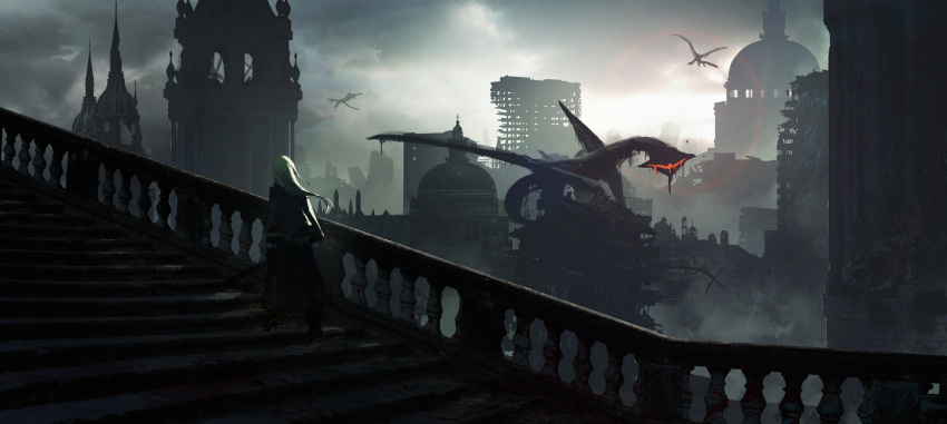 1girl absurdres asteroid_ill blonde_hair building capelet church cross from_behind gloves glowing high_heels highres holding holding_sword holding_weapon iris_(asteroid_ill) long_hair monster original overcast railing ruins scenery solo stairs sword weapon