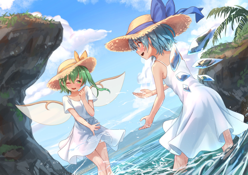 2girls alternate_costume blue_bow blue_eyes blue_hair blue_sky blue_wings bow brown_headwear cirno daiyousei day dress dutch_angle fairy_wings green_eyes green_hair hat hat_bow ice ice_wings multiple_girls ocean one_eye_closed orange_bow outdoors roke_(taikodon) short_hair sky smile splashing straw_hat summer touhou wading white_dress wings