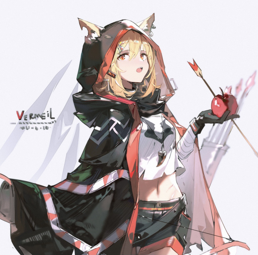 1girl animal_ears apple arknights arrow_(projectile) arrow_through_apple bandaged_arm bandages black_cloak black_gloves black_shorts blonde_hair bow_(weapon) character_name cloak cowboy_shot cropped_shirt dated ear_piercing ears_through_headwear food fox_ears fruit gloves hair_ornament hairclip holding holding_bow_(weapon) holding_food holding_fruit holding_weapon hood hood_up hooded_cloak kagura_tohru looking_at_viewer midriff navel notched_ear open_mouth orange_eyes piercing quiver shirt shorts solo vermeil_(arknights) weapon white_background white_shirt