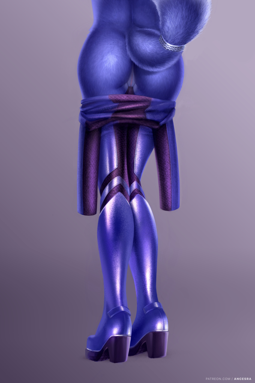 1girl ancesra artist_name ass blue_bodysuit blue_fur body_fur bodysuit bodysuit_pull fox_girl fox_tail from_behind furry high_heels highres krystal legs_together lower_body no_panties patreon_username purple_background pussy shiny shiny_clothes simple_background solo standing star_fox tail tail_ornament tail_ring uncensored watermark web_address