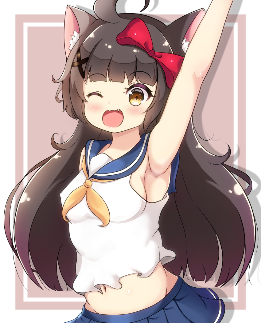 1girl ;d absurdres ahoge animal_ears arm_up armpits bangs black_hair blunt_bangs bow breasts brown_eyes cat_ears commentary_request eyebrows_visible_through_hair hair_bow hair_ribbon highres long_hair looking_at_viewer medium_breasts navel one_eye_closed open_mouth original pleated_skirt ribbon school_uniform serafuku sidelocks simple_background skirt smile solo two-tone_background zendamu