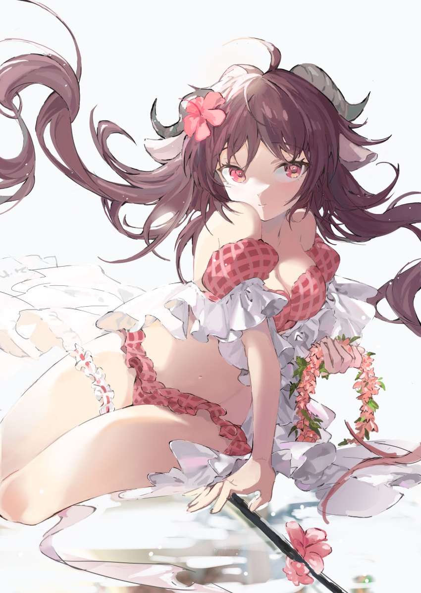 1girl absurdres ahoge animal_ears arknights arm_garter bare_legs bikini blush breasts brown_hair calamitouscat cleavage closed_mouth commentary cowboy_shot english_commentary eyebrows_visible_through_hair eyjafjalla_(arknights) eyjafjalla_(summer_flowers)_(arknights) floating_hair flower flower_wreath frilled_bikini frills hair_between_eyes hair_flower hair_ornament hibiscus highres horns looking_at_viewer medium_breasts midriff navel official_alternate_costume pink_bikini pink_eyes plaid plaid_bikini sheep_ears sheep_girl sheep_horns simple_background sitting smile solo swimsuit thigh_strap thighs twintails white_background yokozuwari