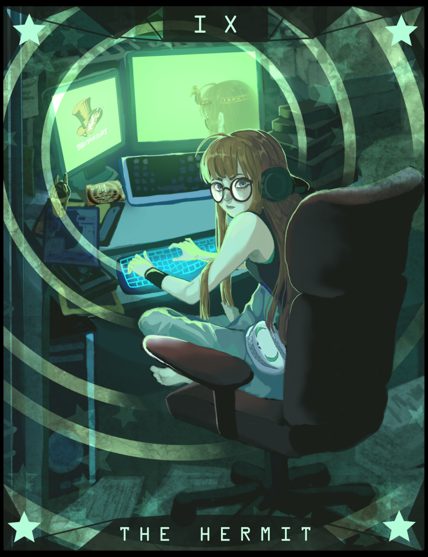 1girl ahoge arms_up bangs bare_shoulders barefoot bedroom behind-the-head_headphones black_tank_top blunt_bangs book calling_card cargo_pants chair computer computer_tower desk fanny_pack glasses glowing grey_legwear headphones highres hime_cut keyboard_(computer) leaning_forward long_hair looking_at_viewer looking_back looking_to_the_side monitor office_chair orange_hair p5arcanazine pants paper persona persona_5 photo_(object) purple_eyes sakura_futaba screen screen_light sitting solo star_(symbol) tank_top tarot tarot_arcana the_hermit_(tarot) thick_eyebrows turning_head v_arms