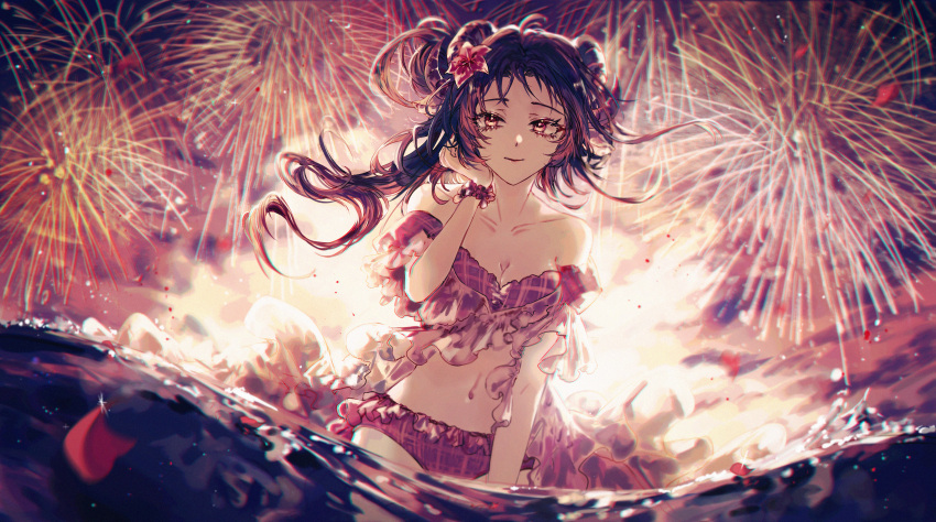 1girl absurdres arknights bikini breasts brown_hair canothy cleavage collarbone curled_horns eyjafjalla_(arknights) eyjafjalla_(summer_flowers)_(arknights) fireworks flower hair_flower hair_ornament highres horns huge_filesize long_hair looking_at_viewer medium_breasts navel off-shoulder_bikini off_shoulder official_alternate_costume outdoors partially_submerged pink_bikini pink_flower plaid plaid_bikini red_eyes scrunchie sheep_girl sheep_horns smile solo swimsuit water wrist_scrunchie