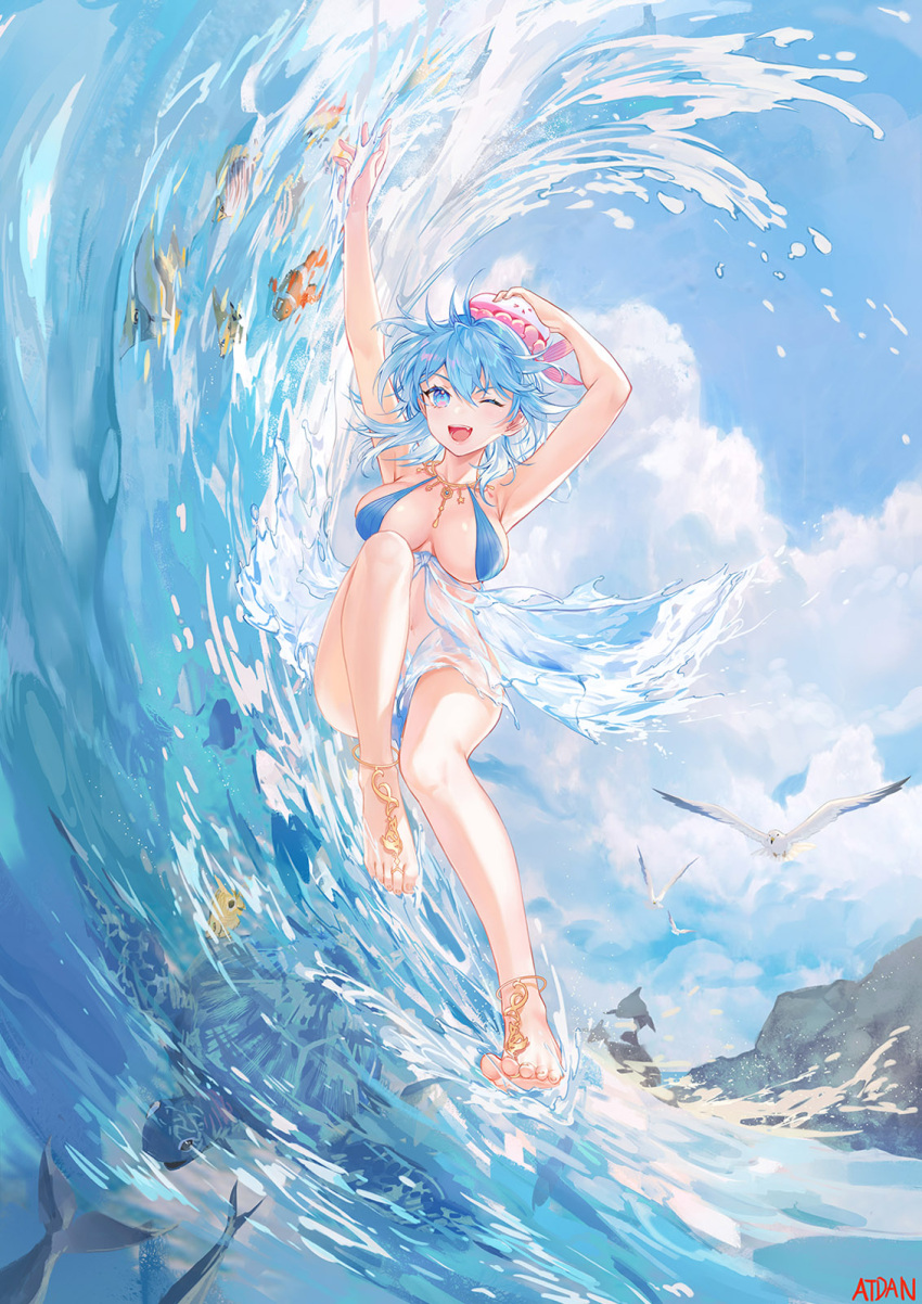 1girl ;d armpits arms_up artist_name atdan bangs bare_legs barefoot barefoot_sandals bikini bird blue_bikini blue_eyes blue_hair blue_sky blush breasts cleavage clownfish commentary day english_commentary expressive_clothes full_body haiyi hand_on_headwear hat highres jewelry large_breasts legs liquid_clothes necklace one_eye_closed open_mouth outdoors pink_headwear rock sea_turtle seagull sky smile solo swimsuit synthesizer_v turtle water waving