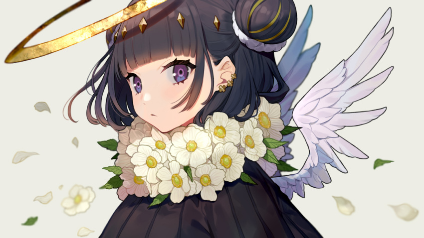 angel black_hair close flowers gray halo leaves original petals purple_eyes short_hair wings yuu_(higashi_no_penguin)