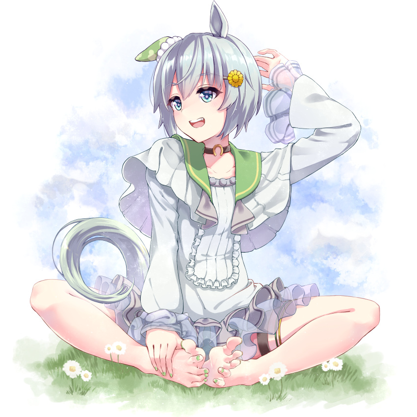 1girl absurdres animal_ears arms_up barefoot blue_eyes brown_choker choker ear_covers feet flower highres horse_ears horse_girl horse_tail purple_shirt sazanka seiun_sky_(umamusume) shirt short_hair shorts_under_dress silver_hair skirt solo tail toenail_polish toes umamusume yellow_flower