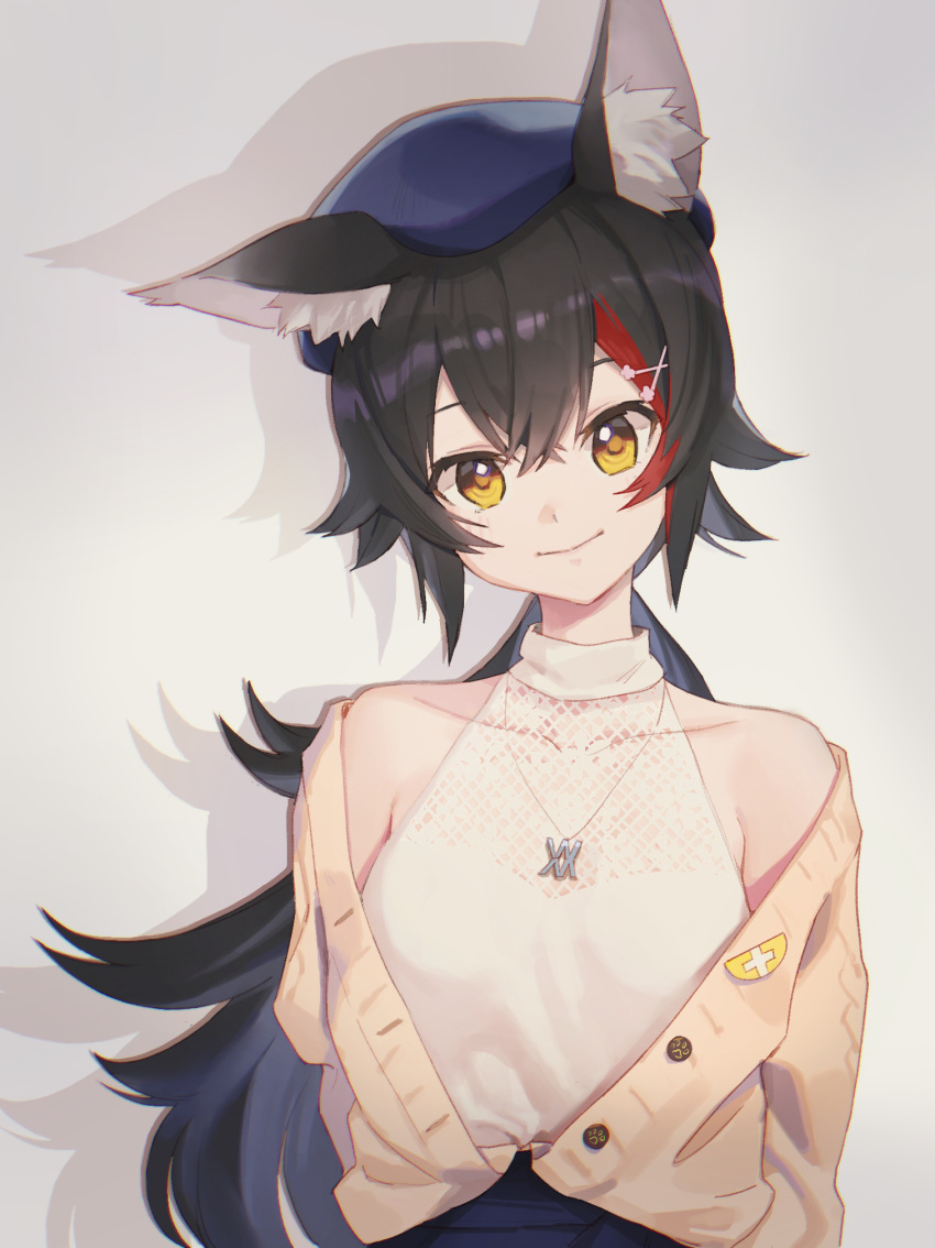 1girl animal_ear_fluff animal_ears bangs beret black_hair blue_headwear brown_eyes brown_jacket closed_mouth collarbone commentary_request covered_collarbone drop_shadow eyebrows_behind_hair grey_background hair_between_eyes hair_ornament hairclip hat head_tilt highres hololive jacket long_hair looking_at_viewer low_ponytail multicolored_hair off_shoulder ookami_mio open_clothes open_jacket ponytail red_hair see-through shirt sleeveless sleeveless_shirt smile solo streaked_hair tugo upper_body very_long_hair virtual_youtuber white_shirt wolf_ears x_hair_ornament