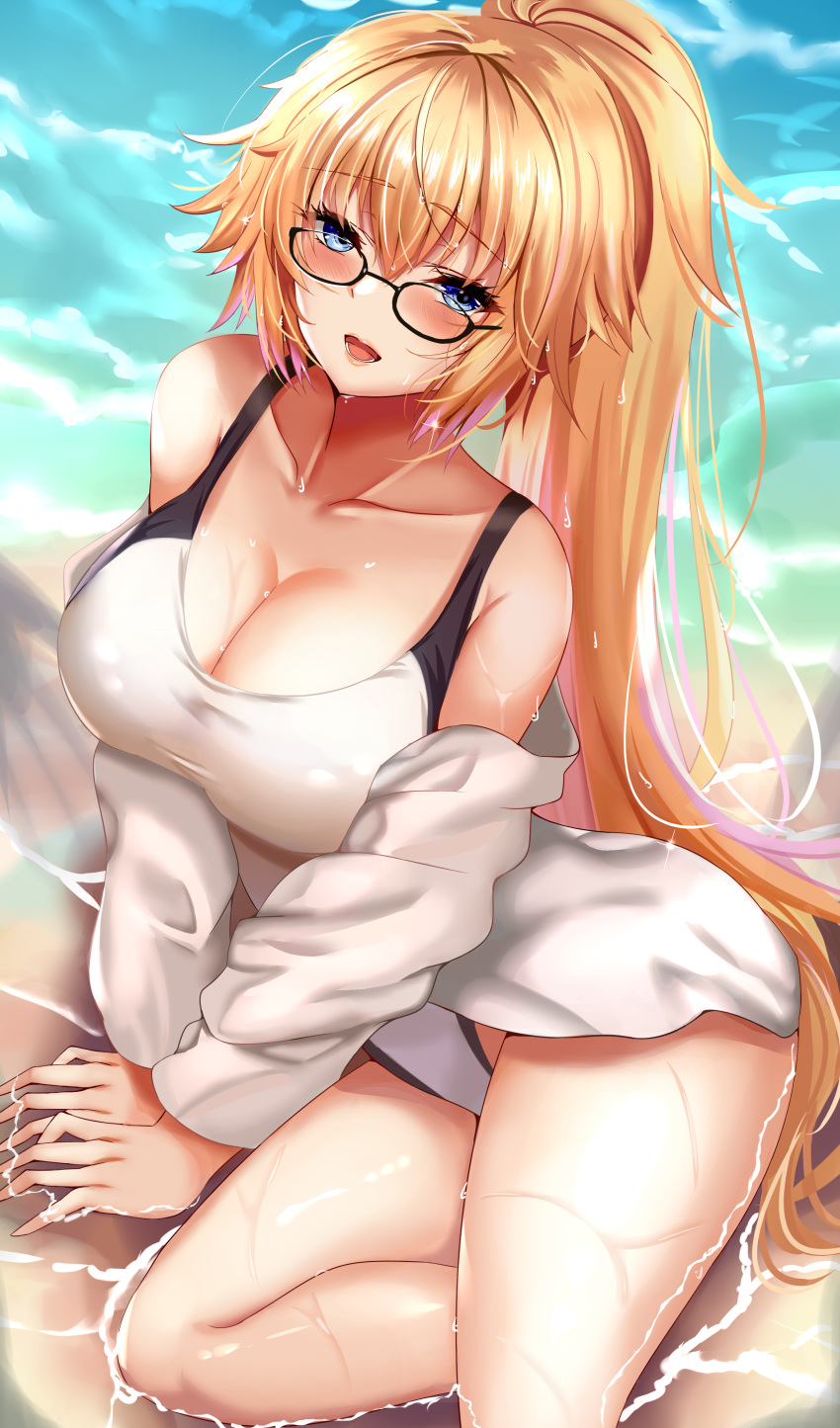 1girl absurdres bangs bare_shoulders blonde_hair blue_eyes breasts cleavage collarbone fate/grand_order fate_(series) high_ponytail highleg highleg_swimsuit highres jacket jeanne_d'arc_(fate)_(all) jeanne_d'arc_(swimsuit_archer)_(fate) kuro_(tbm9187) large_breasts long_hair looking_at_viewer one-piece_swimsuit open_mouth smile swimsuit thighs very_long_hair white_jacket