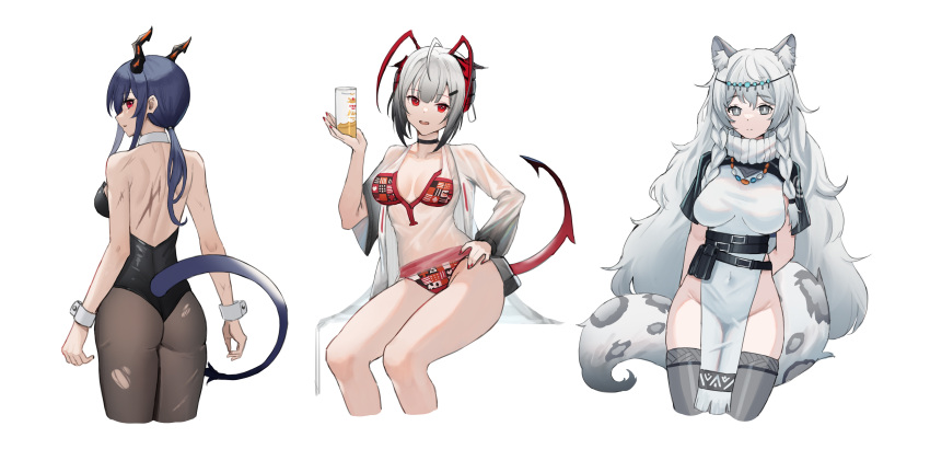3girls absurdres aer7o ahoge animal_ear_fluff animal_ears arknights arms_behind_back bangs belt black_belt black_capelet black_legwear black_leotard blue_eyes braid breasts capelet ch'en_(arknights) chinese_commentary commentary_request covered_navel cup demon_girl demon_horns demon_tail dragon_girl dragon_horns dragon_tail dress expressionless eyebrows_visible_through_hair from_behind grey_eyes grey_legwear groin highres holding holding_cup horns leopard_ears leopard_girl leopard_tail leotard long_hair long_sleeves looking_at_viewer looking_back medium_breasts multiple_girls nail_polish open_mouth pantyhose parted_lips pelvic_curtain pramanix_(arknights) red_eyes red_nails scar_on_arm scar_on_back see-through shirt short_hair silver_hair simple_background smile tail tail_raised thighhighs twin_braids very_long_hair w_(arknights) white_background white_dress white_hair wrist_cuffs