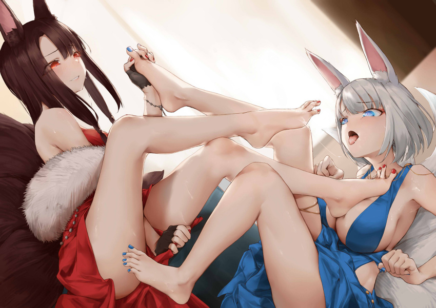 2girls akagi_(azur_lane) akagi_(blushing_intoxication)_(azur_lane) animal_ear_fluff animal_ears artist_name azur_lane bangs bare_legs barefoot black_gloves black_hair blue_dress blue_eyes blue_nails breasts chinese_commentary commentary_request dress eyebrows_visible_through_hair eyes_visible_through_hair feet fingerless_gloves foot_on_breast fox_ears fox_tail gloves highres holding_another's_foot kaga_(azur_lane) kaga_(white-tailed_magnificence)_(azur_lane) kitsune large_breasts legs long_hair looking_at_another lying multiple_girls multiple_tails nail_polish on_back open_mouth oshin0_(zheng) red_dress red_eyes red_nails revision saliva saliva_trail silver_hair sitting sleeveless sleeveless_dress tail toenail_polish toes tongue tongue_out wristband yuri