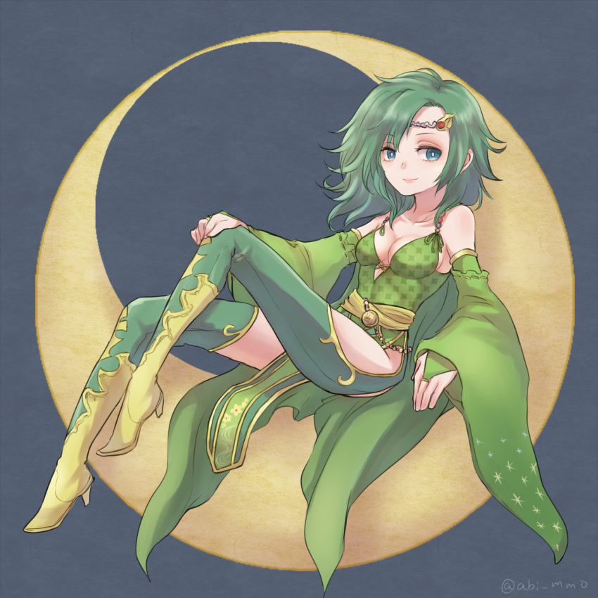 1girl abi_mmo blue_eyes boots breasts cape cleavage closed_mouth crescent_moon detached_sleeves final_fantasy final_fantasy_iv green_eyes green_hair green_legwear green_leotard high_heel_boots high_heels highres leotard long_hair looking_at_viewer moon older rydia smile solo