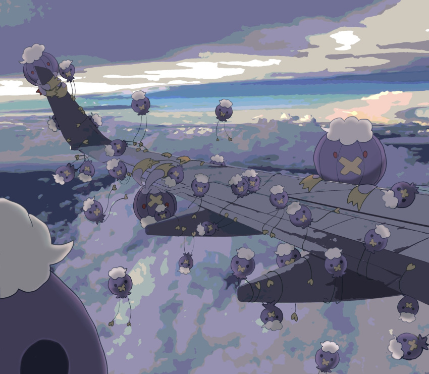 above_clouds aircraft airplane balloon black_eyes cloud commentary_request donguri_big drifblim drifloon flying gen_4_pokemon hanging highres holding looking_at_viewer no_humans outdoors peeking_out pokemon pokemon_(creature) red_eyes solid_circle_eyes