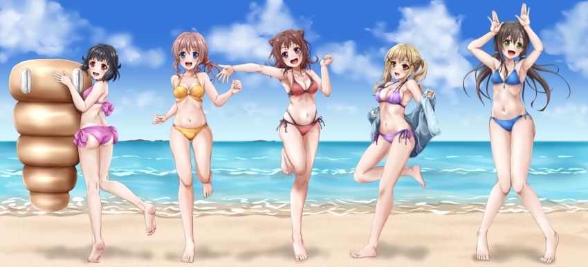 5girls :d alternate_hairstyle armpits arms_up ass back bang_dream! bangs bare_shoulders barefoot beach bikini black_hair blonde_hair blue_bikini blue_eyes blue_jacket blue_sky blunt_bangs blush breasts brown_hair bunny_pose chocolate_cornet cleavage clenched_hands cloud collarbone commentary crossed_bangs day eyebrows_visible_through_hair food food-themed_ornament full_body green_eyes groin group_picture hair_between_eyes hair_cones hair_flaps hair_ornament hairclip hanazono_tae hand_up head_tilt highleg highleg_bikini highres holding ichigaya_arisa inflatable_raft jacket knees_together_feet_apart large_breasts long_hair long_sleeves looking_at_viewer low_ponytail low_twintails medium_breasts multi-strapped_bikini multiple_girls navel ocean off_shoulder open_mouth outdoors outstretched_arm pink_bikini ponytail poppin'party purple_bikini purple_eyes red_bikini red_eyes saateen_(tsubame-project13) shadow short_hair side-tie_bikini sidelocks skindentation sky small_breasts smile standing standing_on_one_leg star_(symbol) star_hair_ornament stomach swimsuit toyama_kasumi twintails upper_teeth ushigome_rimi x_hair_ornament yamabuki_saaya yellow_bikini yellow_eyes
