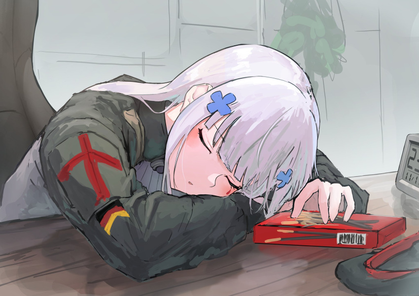 1girl bangs camouflage camouflage_jacket closed_eyes closed_mouth eyebrows_visible_through_hair german_flag girls'_frontline hanabusaraleigh highres hk416_(girls'_frontline) jacket long_hair pocky_day silver_hair simple_background sleeping solo table uniform watch
