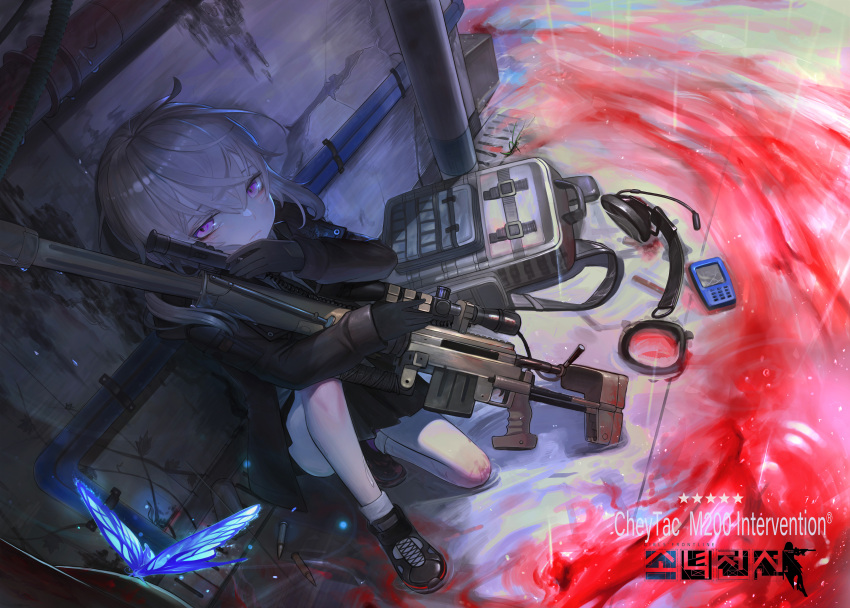 1girl absurdres backpack backpack_removed bag black_gloves blood bolt_action bug butterfly character_name cheytac_m200 commentary_request copyright_name full_body girls'_frontline gloves grey_hair gun headset highres holding holding_gun holding_weapon insect jacket kneeling korean_commentary long_sleeves looking_at_viewer m200_(girls'_frontline) messy_hair pinion purple_eyes rain rifle scope shoes skirt sniper_rifle solo weapon