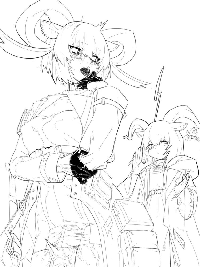 2girls animal_ears arknights beeswax_(arknights) blush bug carnelian_(arknights) collar cowboy_shot dress erection facing_viewer futanari goat_ears goat_girl goat_horns greyscale hand_up hands_up highres hitobashira_(1746164306) horizontal_pupils horns infection_monitor_(arknights) insect jacket large_penis long_hair looking_at_another looking_at_viewer looking_back monochrome motion_lines multiple_girls open_clothes open_jacket open_mouth penis short_dress short_hair siblings simple_background sisters veins veiny_penis