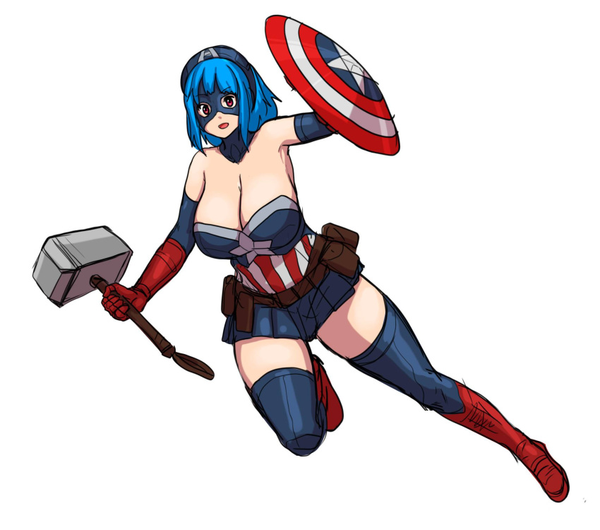 1girl :o adapted_costume avengers avengers:_endgame blue_hair blue_legwear breasts captain_america captain_america_(cosplay) captain_america_(series) cleavage cosplay erkaz fourth_of_july gloves hammer highres huge_breasts marvel mjolnir open_mouth original pouch red_eyes red_footwear red_gloves rina_atherina shield simple_background skirt superhero white_background