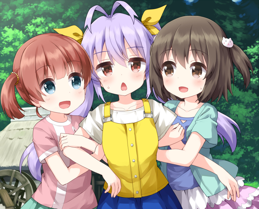 3girls :d antenna_hair arm_hug blue_eyes blue_jacket blue_shirt blue_skirt blush brown_eyes brown_hair cat_hair_ornament commentary_request day girl_sandwich green_skirt hair_ornament hair_ribbon highres ishikawa_honoka jacket layered_skirt miyauchi_renge multiple_girls non_non_biyori one_side_up open_clothes open_jacket open_mouth outdoors pink_shirt pink_skirt pleated_skirt purple_hair red_eyes ribbon ruu_(tksymkw) sandwiched shiori_(non_non_biyori) shirt short_sleeves short_twintails skirt smile sweat twintails vest watermill white_shirt yellow_ribbon yellow_vest