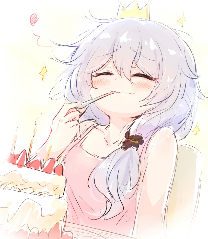 1girl bangs birthday birthday_cake blush cake candle chair_tipping closed_eyes closed_mouth crown diaoxian_kuangmo eating food food_in_mouth food_on_face hair_between_eyes happy highres holding honkai_(series) honkai_impact_3rd messy_hair pink_shirt shirt side_ponytail sitting solo spoon theresa_apocalypse utensil_in_mouth white_hair