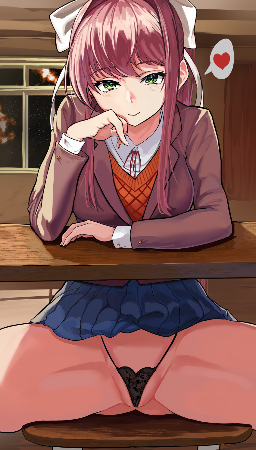 1girl absurdres bangs black_panties blush bow breasts breasts_on_table desk doki_doki_literature_club exhibitionism green_eyes groin hair_ribbon hand_on_own_face heart highres jacket lace lace_panties long_hair looking_at_viewer loooyd microskirt monika_(doki_doki_literature_club) panties partially_visible_vulva ponytail purple_hair ribbon school_uniform sexually_suggestive sitting skirt smile solo spread_legs star_(sky) underwear white_bow window