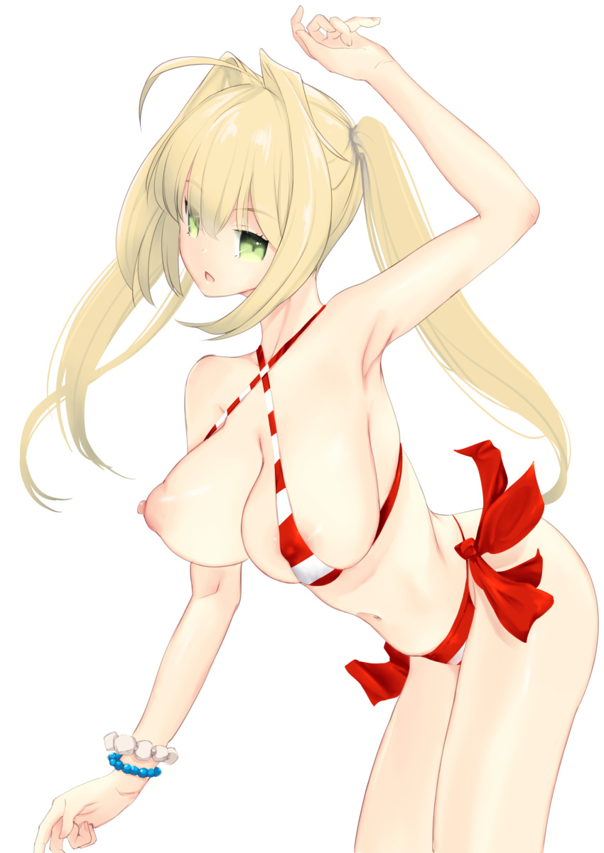 1girl 27-nichi ahoge areola_slip areolae arm_up armpits bangs bare_shoulders bead_bracelet beads bikini blonde_hair bracelet breasts cleavage collarbone covered_nipples criss-cross_halter fate/grand_order fate_(series) green_eyes hair_between_eyes hair_intakes halterneck highres jewelry large_breasts long_hair looking_at_viewer navel nero_claudius_(fate)_(all) nero_claudius_(swimsuit_caster)_(fate) nipples one_breast_out open_mouth red_bikini side-tie_bikini striped striped_bikini swimsuit thighs twintails