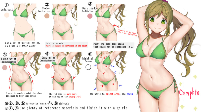 1girl armpits arms_up bangs bikini blush breasts brown_hair commentary_request cropped_legs english_text eyebrows_visible_through_hair fang fang_out gatchan green_bikini green_eyes hair_bobbles hair_ornament halterneck highres how_to inuyama_aoi large_breasts long_hair looking_at_viewer multiple_views navel side-tie_bikini side_ponytail simple_background skin_fang skindentation smile standing stomach string_bikini swimsuit thick_eyebrows white_background yurucamp