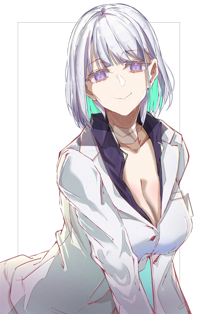 1girl absurdres bandaged_neck breasts business_suit cleavage closed_mouth collarbone e_sky_rugo eyebrows_visible_through_hair formal girls'_frontline highres large_breasts looking_at_viewer medium_hair purple_eyes purple_shirt rpk-16_(girls'_frontline) shirt silver_hair smile solo suit white_background white_suit
