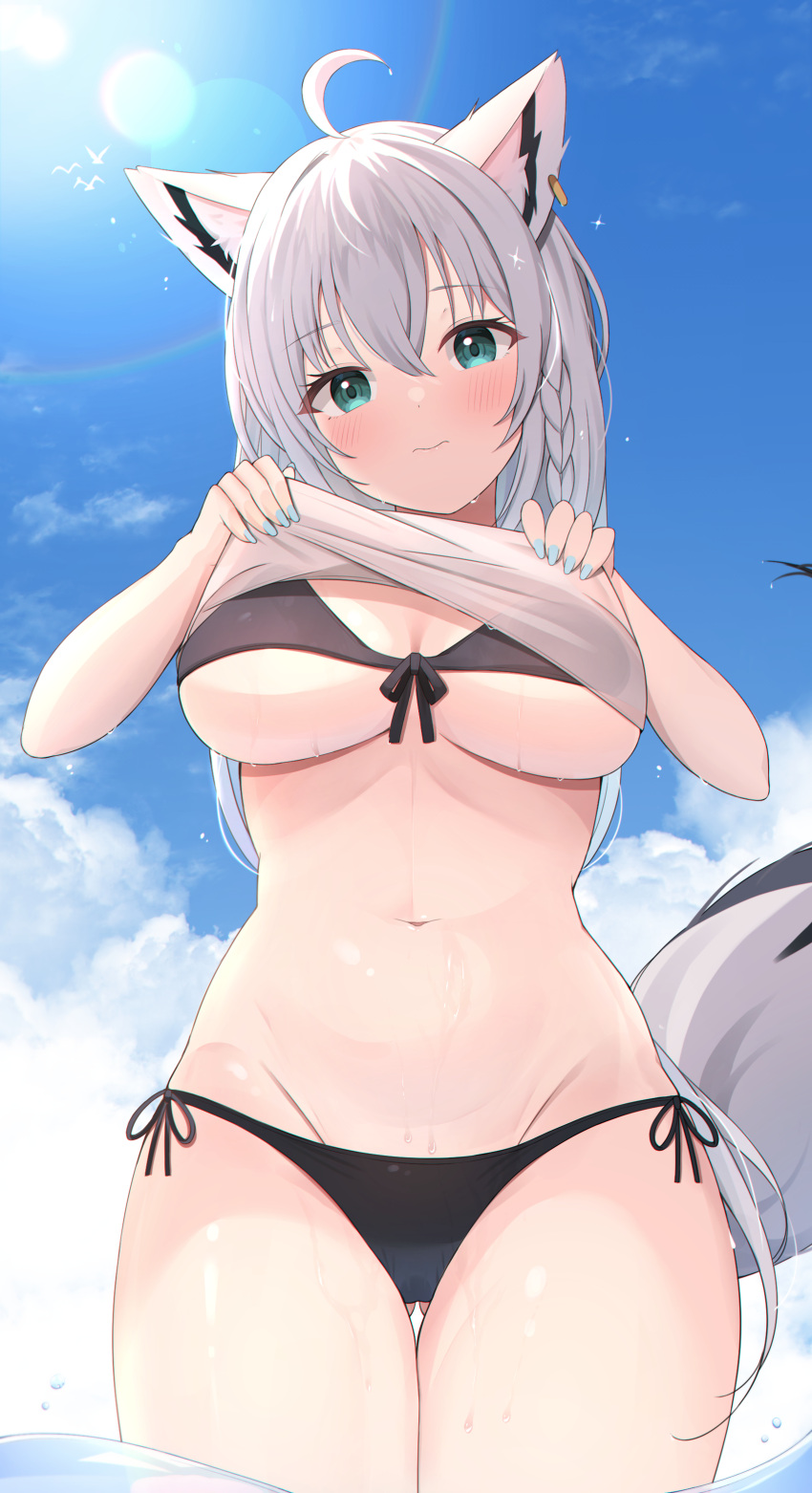 1girl absurdres ahoge animal_ear_fluff animal_ears ass_visible_through_thighs bangs bikini black_bikini blue_nails blue_sky braid breasts clothes_lift cloud commentary_request day earrings eyebrows_visible_through_hair fox_ears fox_girl fox_tail green_eyes groin hair_between_eyes highres hololive in_water jewelry large_breasts lifted_by_self long_hair looking_at_viewer nail_polish navel outdoors shallow_water shirakami_fubuki shirt shirt_lift single_earring sky solo starfox1015 stomach swimsuit tail underboob very_long_hair virtual_youtuber water wet wet_clothes white_hair white_shirt