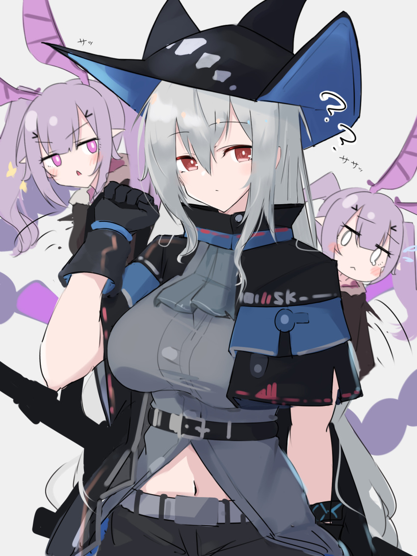 2girls :&lt; ? arknights ascot asususususu bangs bare_shoulders belt black_cape black_footwear black_gloves black_headwear black_jacket black_pants blush blush_stickers breasts buckle cape cleavage commentary_request detached_sleeves eyebrows_visible_through_hair flying_sweatdrops gloves grey_belt grey_neckwear grey_shirt hair_between_eyes hair_ornament hairclip hat head_wings highres holding holding_strap holding_weapon jacket jitome long_hair long_sleeves looking_at_viewer manticore_(arknights) medium_breasts midriff motion_lines multiple_girls navel o_o open_clothes open_jacket pants purple_hair red_eyes shirt silver_hair skadi_(arknights) sketch sleeveless sleeveless_shirt sword tearing_up twintails upper_body very_long_hair weapon white_background