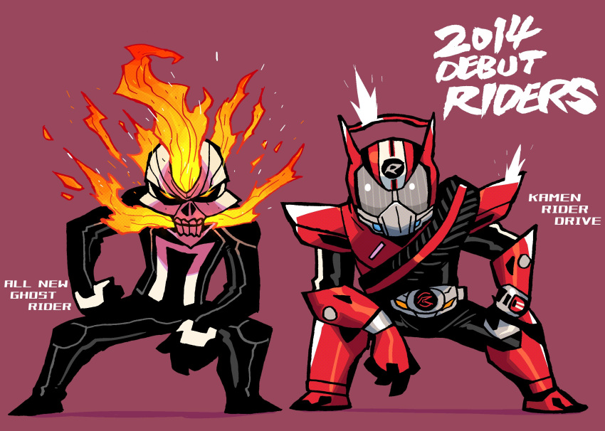 2014 2boys biker biker_clothes compound_eyes crossover drive_driver driver flaming_skull ghost_rider glaring glowing glowing_eyes highres kamen_rider kamen_rider_drive kamen_rider_drive_(series) leather_suit marvel multiple_boys orange_eyes rariatto_(ganguri) rider_belt superhero symmetrical_pose tire