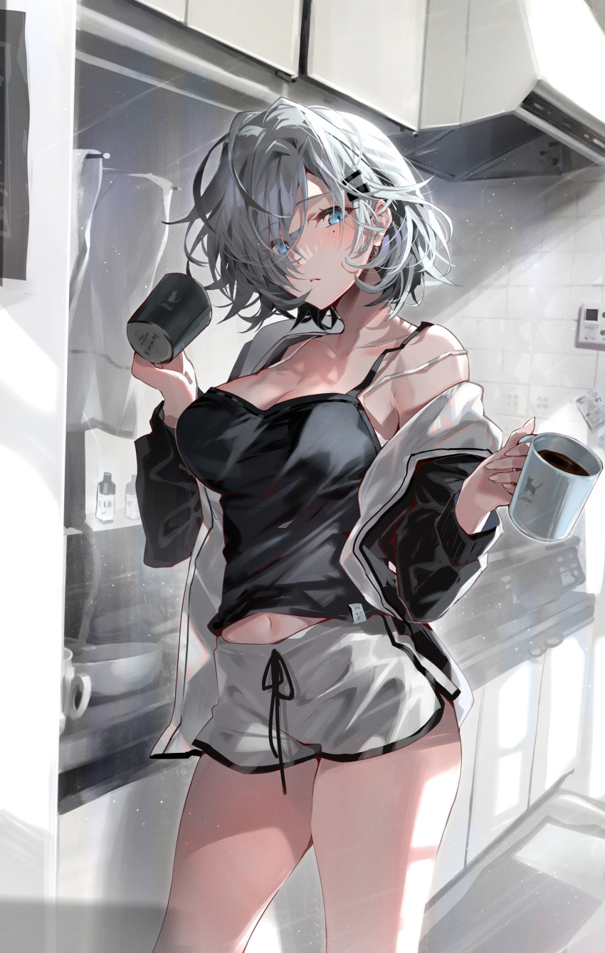 1girl absurdres arutera banned_artist bare_shoulders black_camisole blue_eyes blush breasts camisole cleavage coffee coffee_mug collarbone cup highres holding holding_cup indoors jacket jacket_on_shoulders kitchen large_breasts long_sleeves looking_at_viewer midriff mole mole_under_eye mug navel original parted_lips short_hair shorts solo spaghetti_strap standing white_hair white_shorts
