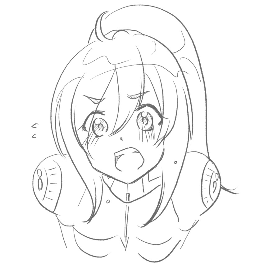 1girl android bangs blush breasts greyscale highres iris_(mega_man) long_hair mega_man_(series) mega_man_x_(series) monochrome open_mouth ponytail robot rockman_x_dive simple_background sketch solo upper_body upper_teeth white_background