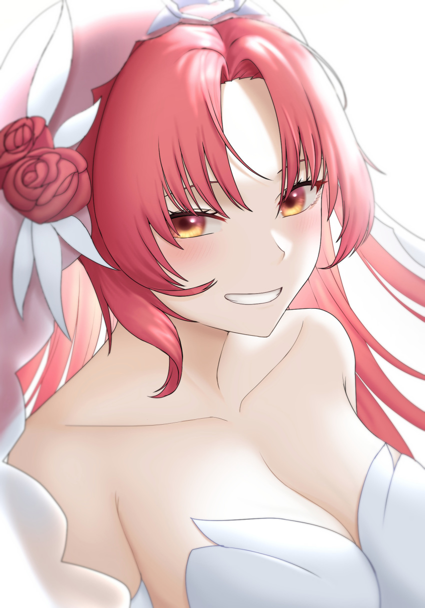 1girl 1nilla' bangs bare_shoulders blush breasts bridal_veil bride cleavage dress flower grin hair_flower hair_ornament highres honkai_(series) honkai_impact_3rd looking_at_viewer murata_himeko murata_himeko_(vermillion_knight) red_eyes red_flower red_rose rose simple_background smile solo teeth veil wedding_dress white_background white_dress yellow_eyes