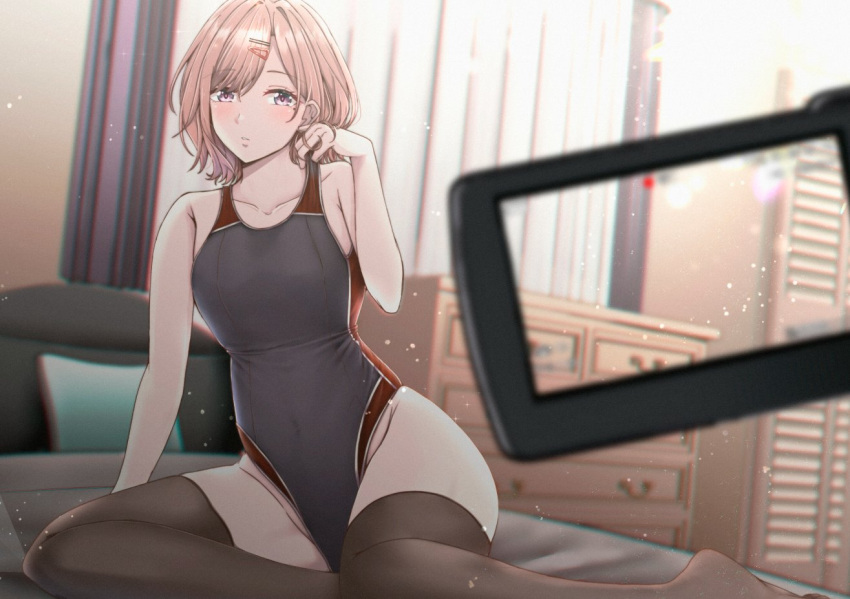 1girl bedroom black_legwear black_swimsuit blurry brown_hair camcorder collarbone commentary_request competition_swimsuit curtains depth_of_field drawer flat_chest full_body hair_ornament hairclip higuchi_madoka idolmaster idolmaster_shiny_colors indoors looking_at_viewer mole mole_under_eye one-piece_swimsuit purple_eyes shohei_(piranha5hk) short_hair sitting solo swimsuit thighhighs yokozuwari