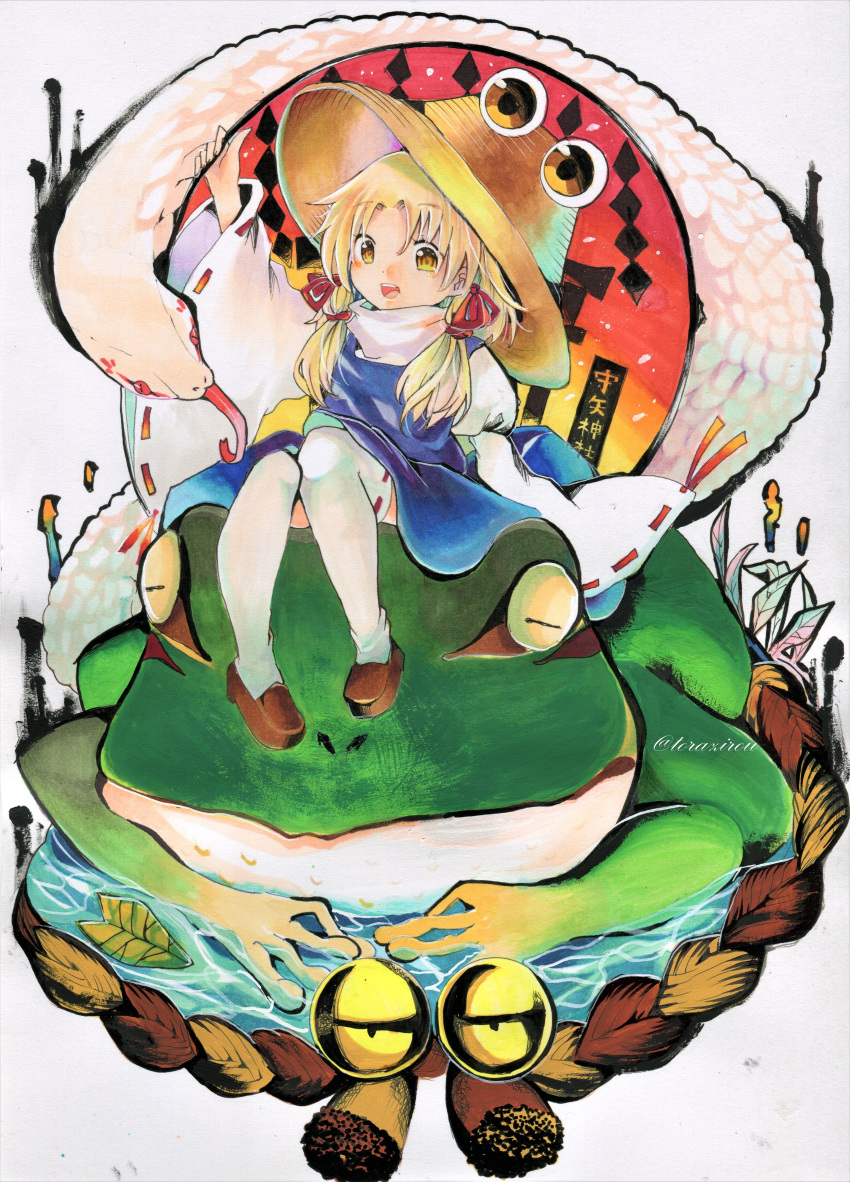 1girl 2others absurdres acrylic_paint_(medium) artist_name bangs bell blonde_hair blue_skirt blue_vest frog hair_ribbon hat highres holding in_water leaf long_sleeves marker_(medium) moriya's_iron_rings moriya_suwako multiple_others pyonta red_ribbon ribbon rope shimenawa shirt shoes short_hair sidelocks sitting_on_animal skirt skirt_set sleeves_past_wrists snake solo_focus thighhighs torajirou_(toraneko_zirou) touhou traditional_media turtleneck vest white_background white_legwear white_shirt white_snake wide_sleeves yellow_eyes